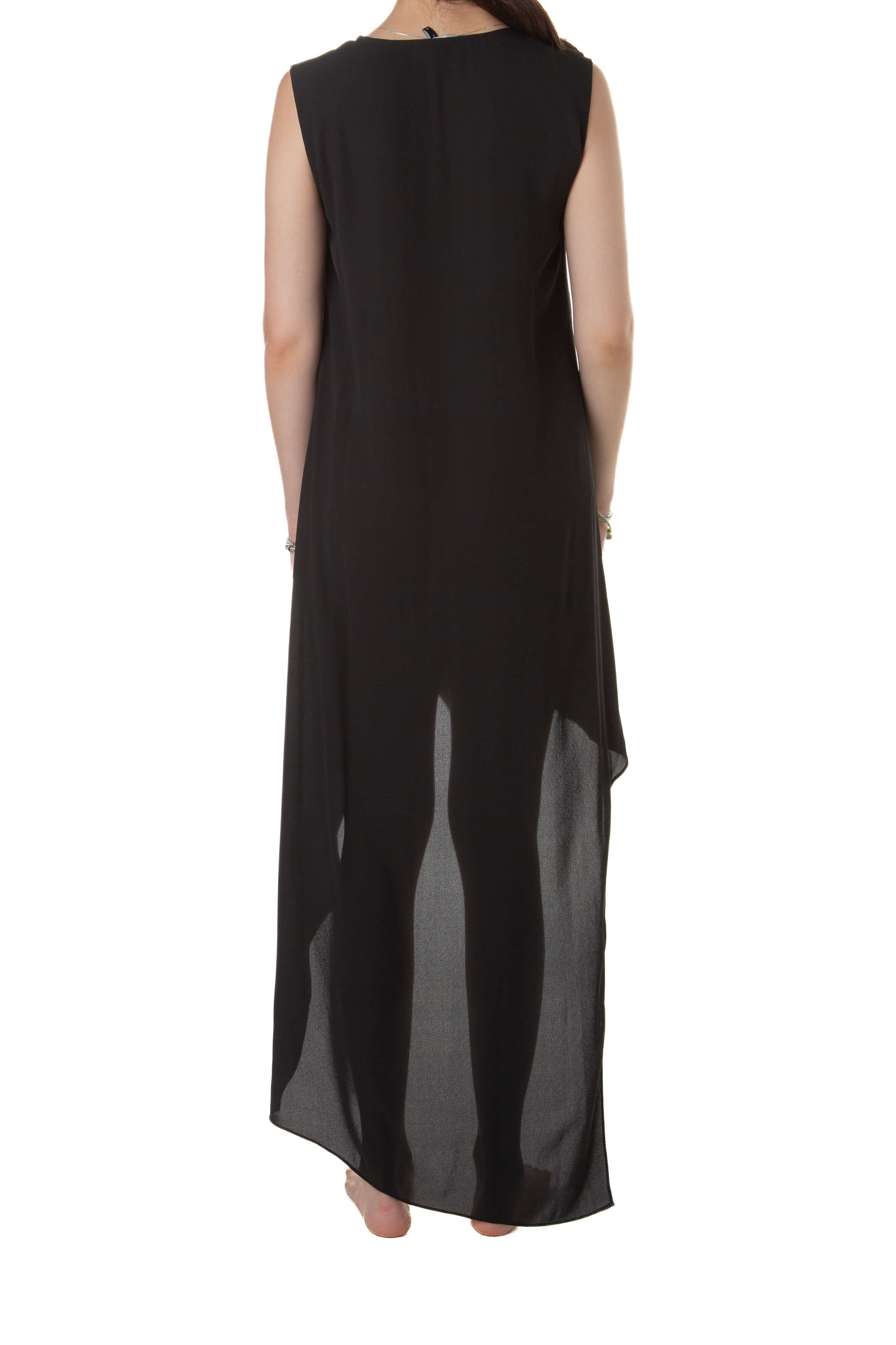 Vestido BCBG negro, vista trasera con panel largo translúcido