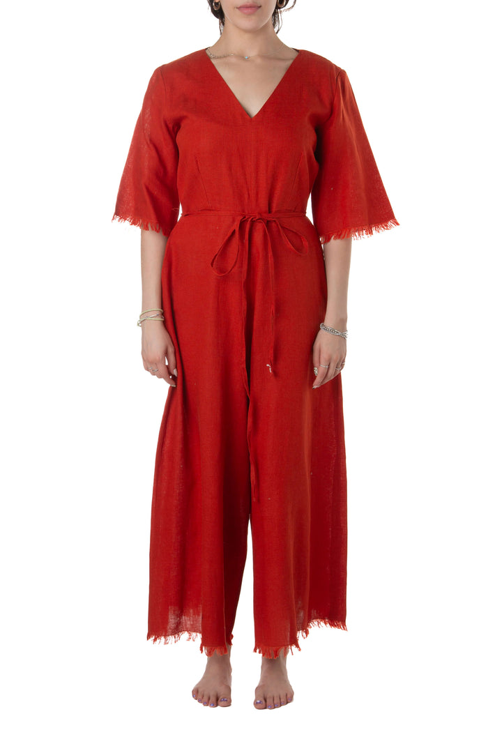Jumpsuit Adolfo Domínguez terracota de pierna ancha con cinturón, vista frontal