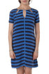 Vestido BCBG Maxazria de rayas azules con cutouts en el escote y manga corta, vista frontal