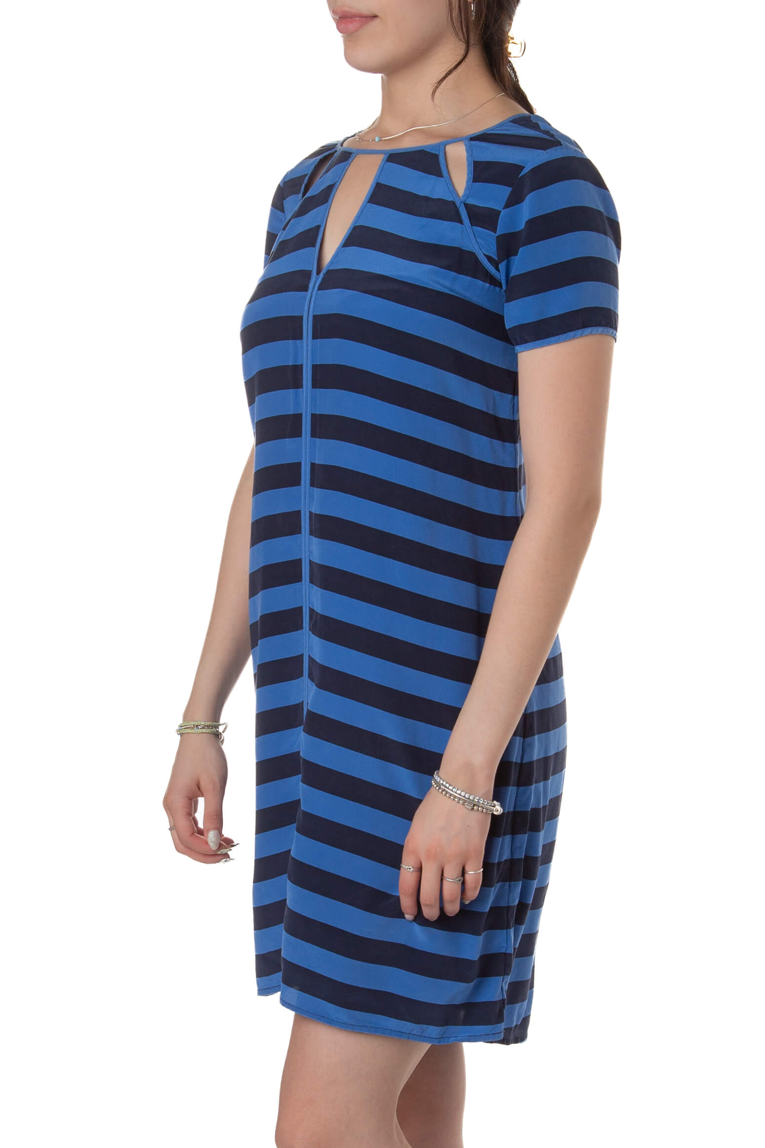 Vestido BCBG Maxazria rayas navy y cobalto, vista lateral