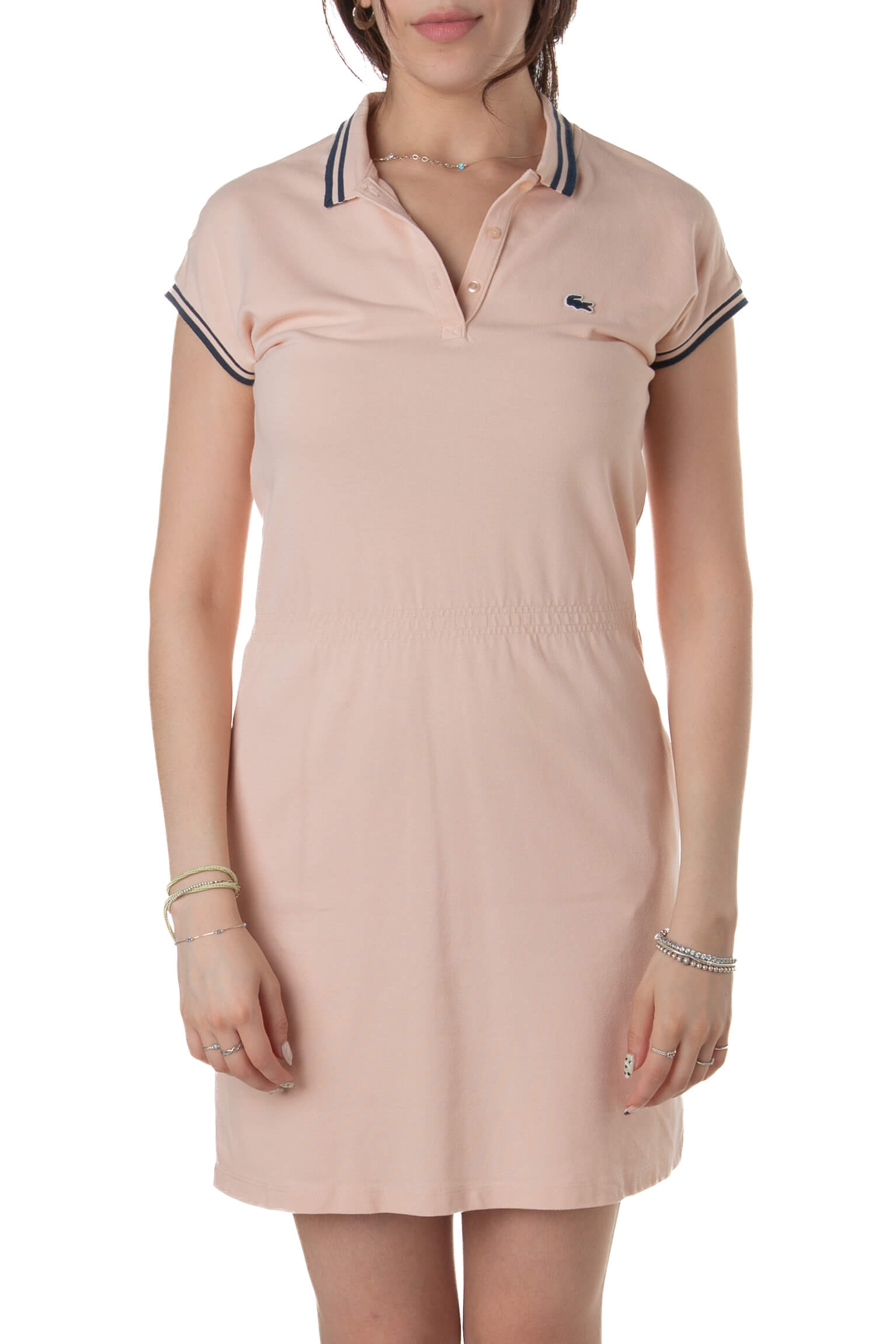 Vestido polo Lacoste coral con logo cocodrilo y cuello rib navy, vista frontal