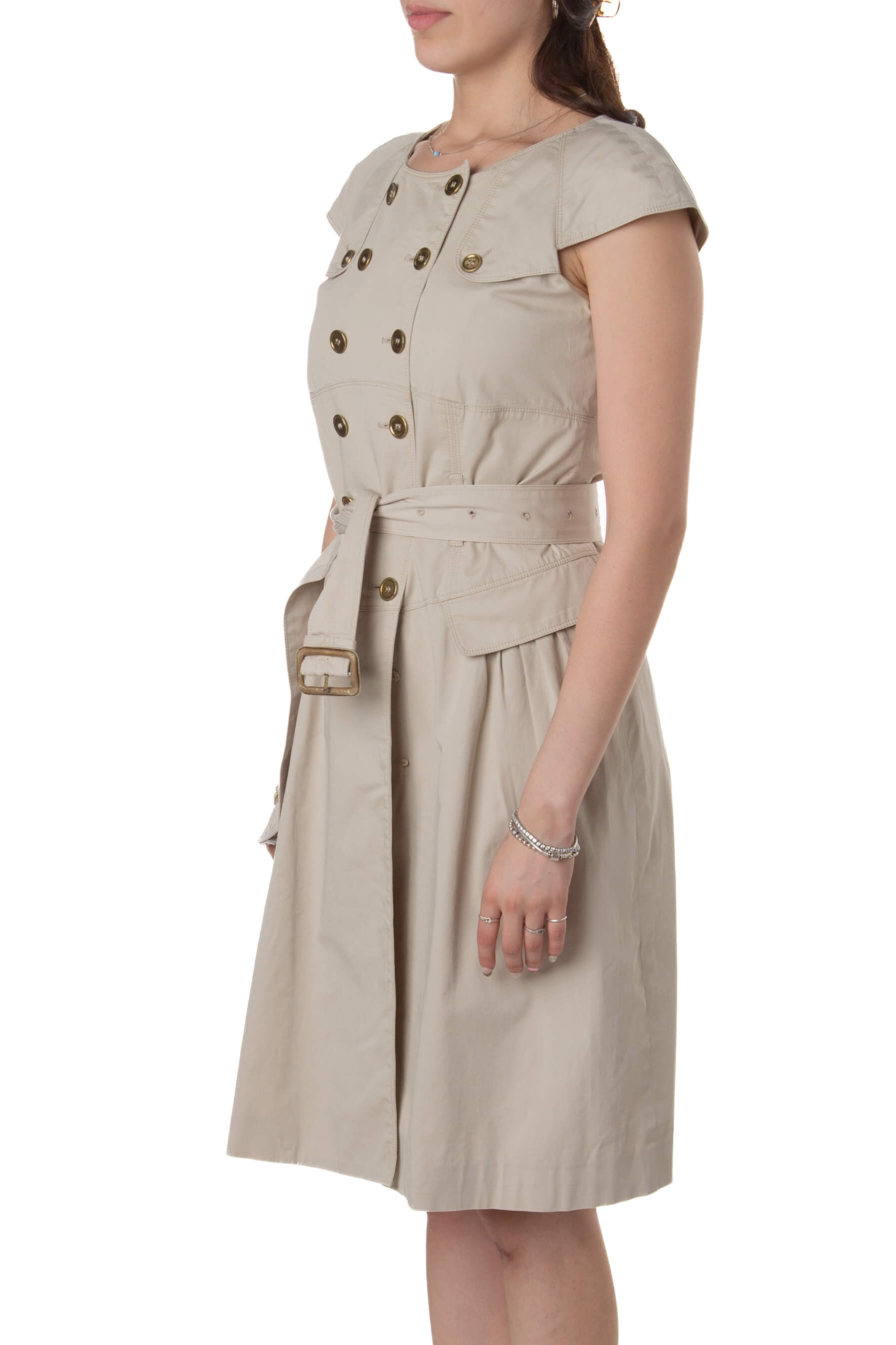Vestido Burberry beige con cinturón anudado y manga corta, vista lateral