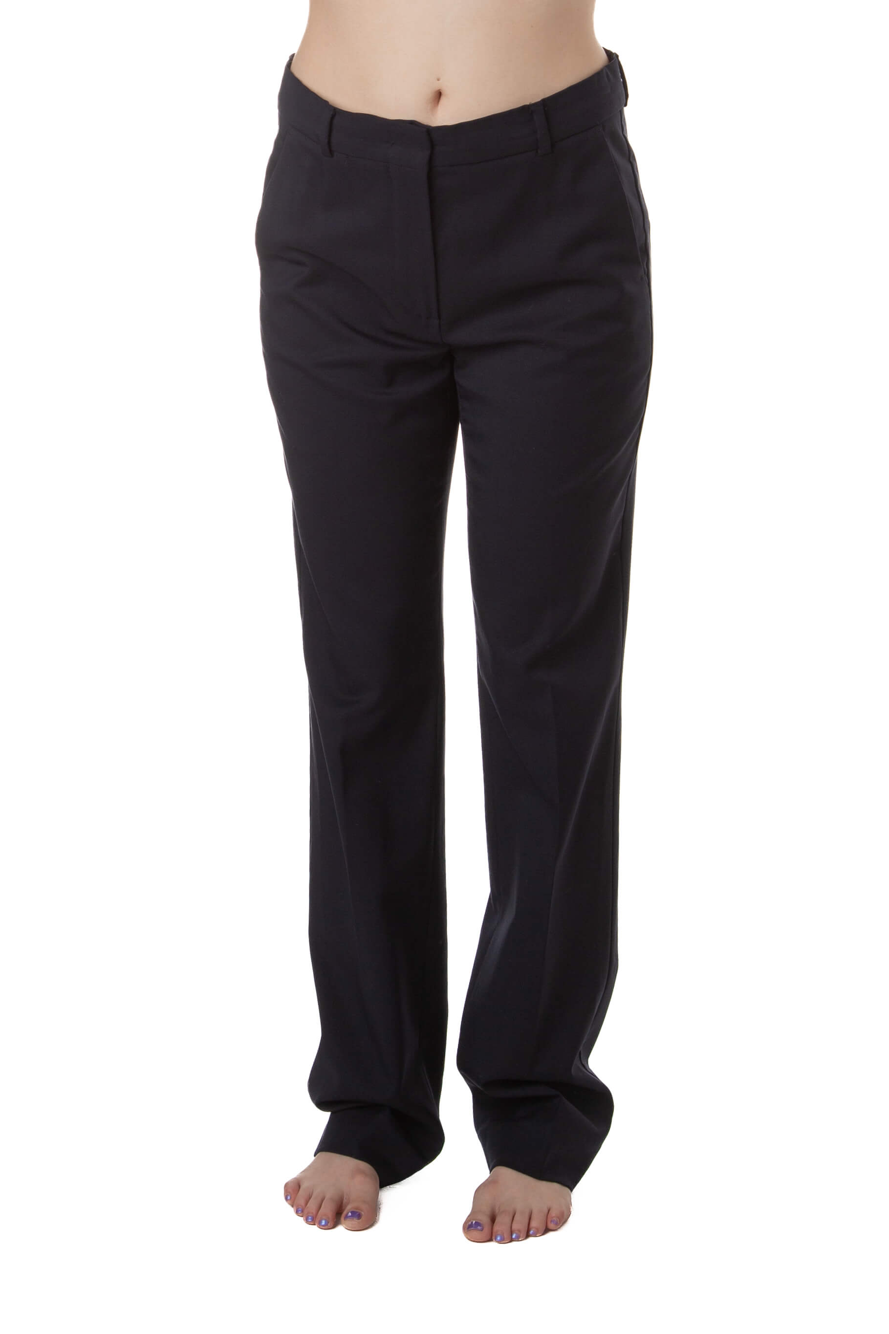 Pantalón Sportmax azul marino de corte recto con pretina y raya marcada, vista frontal