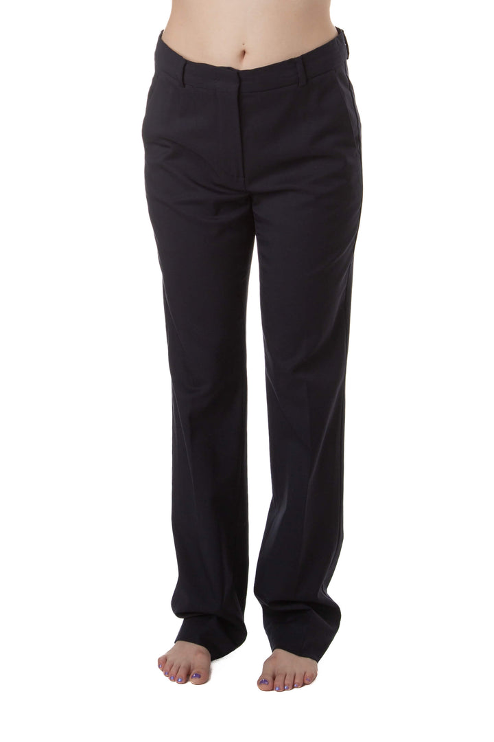 Pantalón Sportmax azul marino de corte recto con pretina y raya marcada, vista frontal