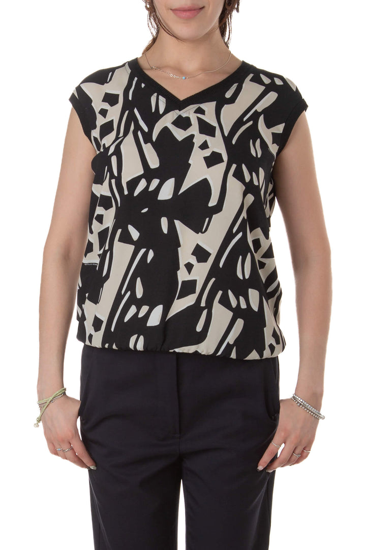 Blusa Adolfo Domínguez estampado negro y beige sin mangas, vista frontal