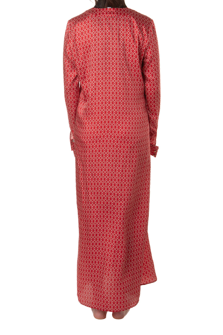 Vestido/kimono Alexis rojo estampado, vista trasera con cuello alto