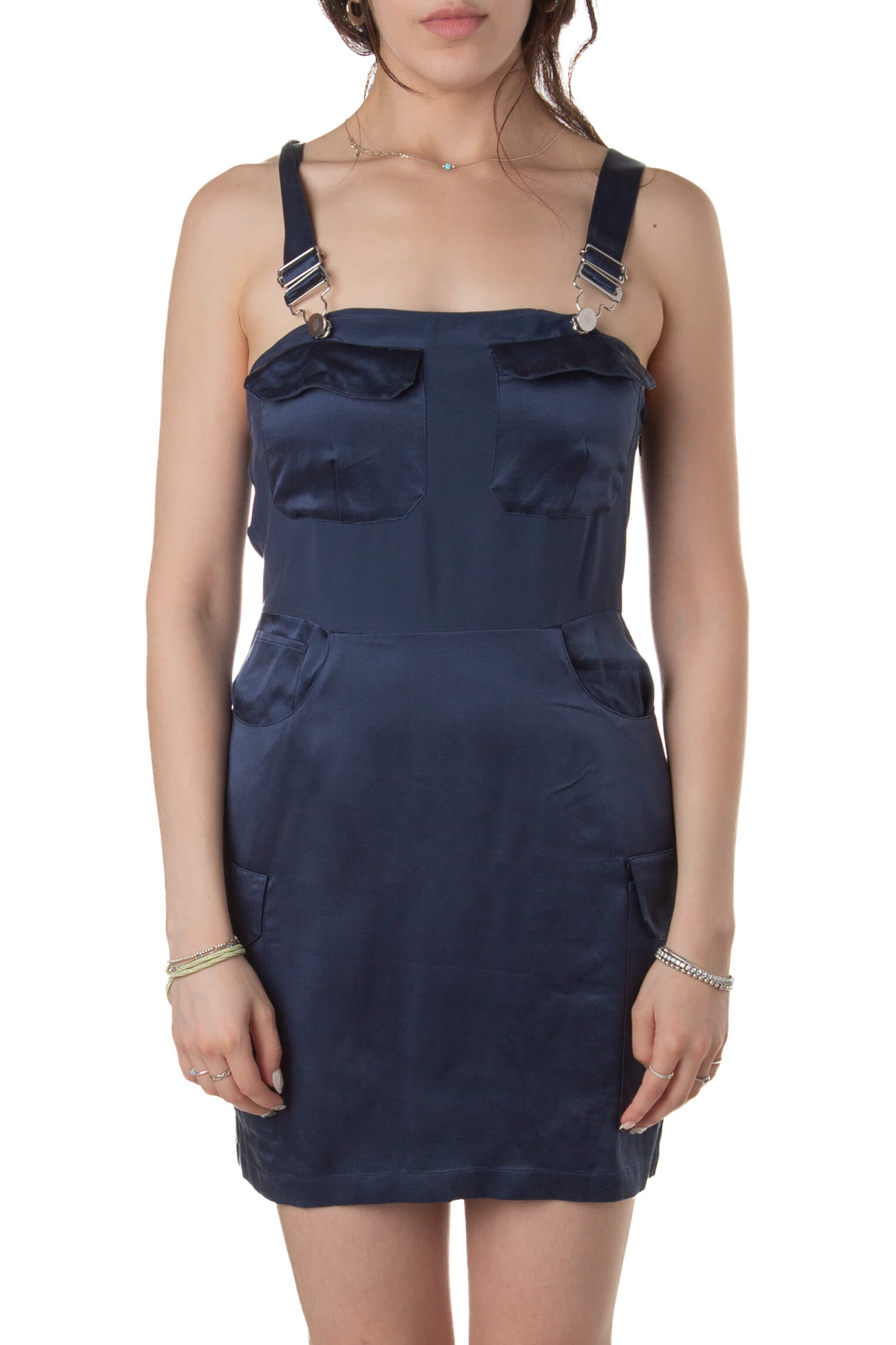 Vestido Fleur du Mal navy seda estilo overol, vista frontal