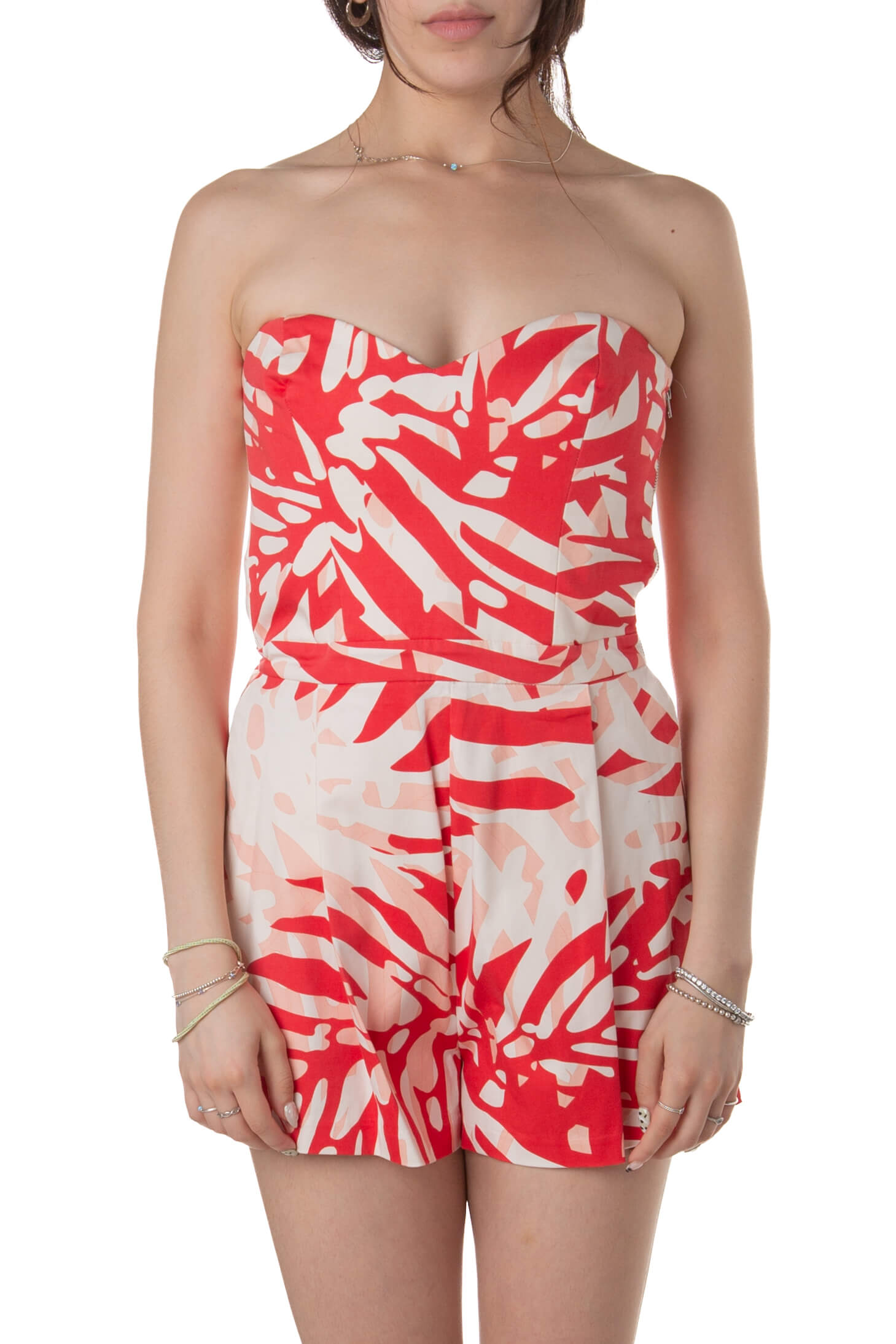 Jumpsuit Parker strapless estampado rojo y durazno, vista frontal