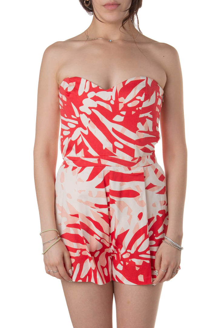 Jumpsuit Parker strapless estampado rojo y durazno, vista frontal