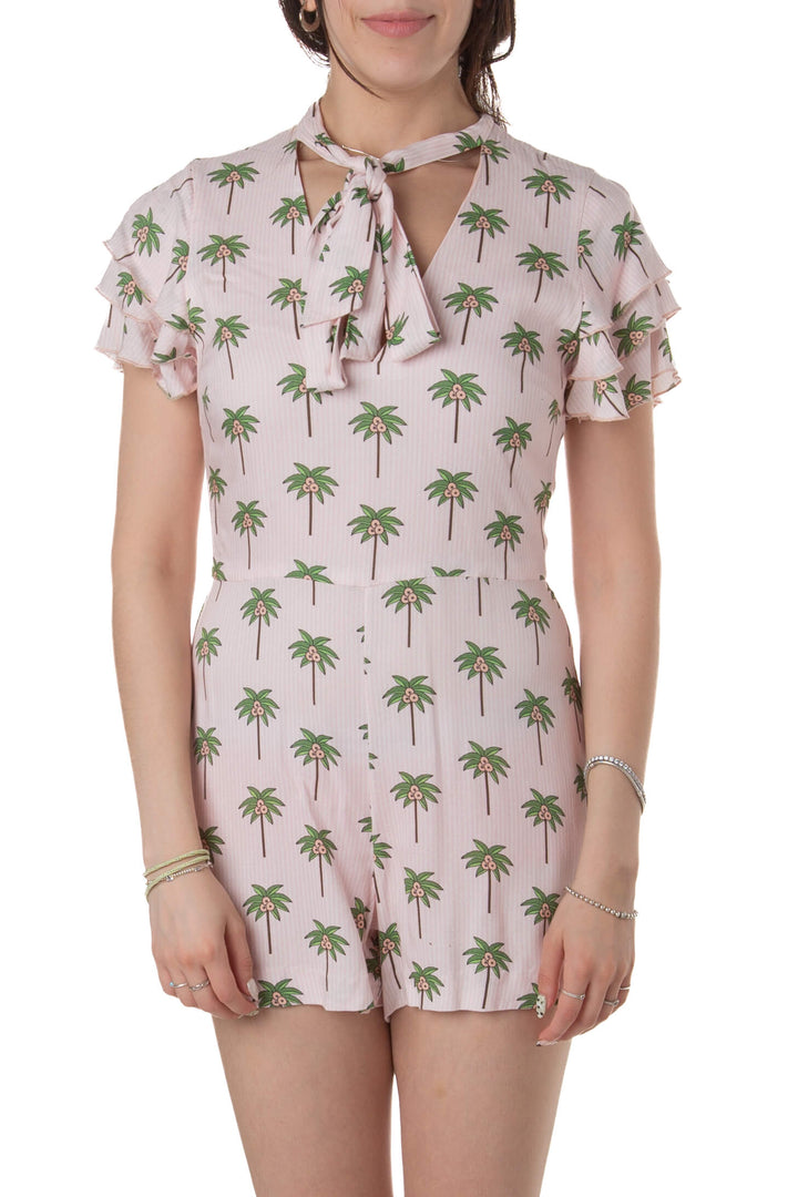 Jumpsuit Alice + Olivia rosa con palmeras y lazo, vista frontal