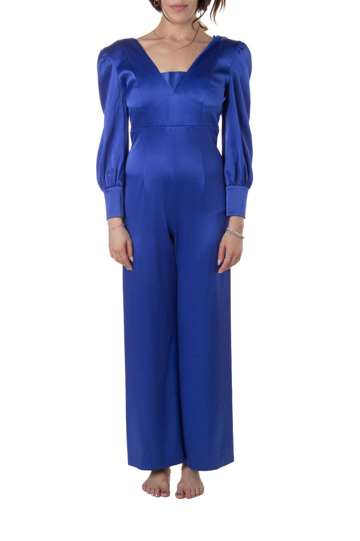 Jumpsuit Alice + Olivia azul rey satin manga puff, vista frontal