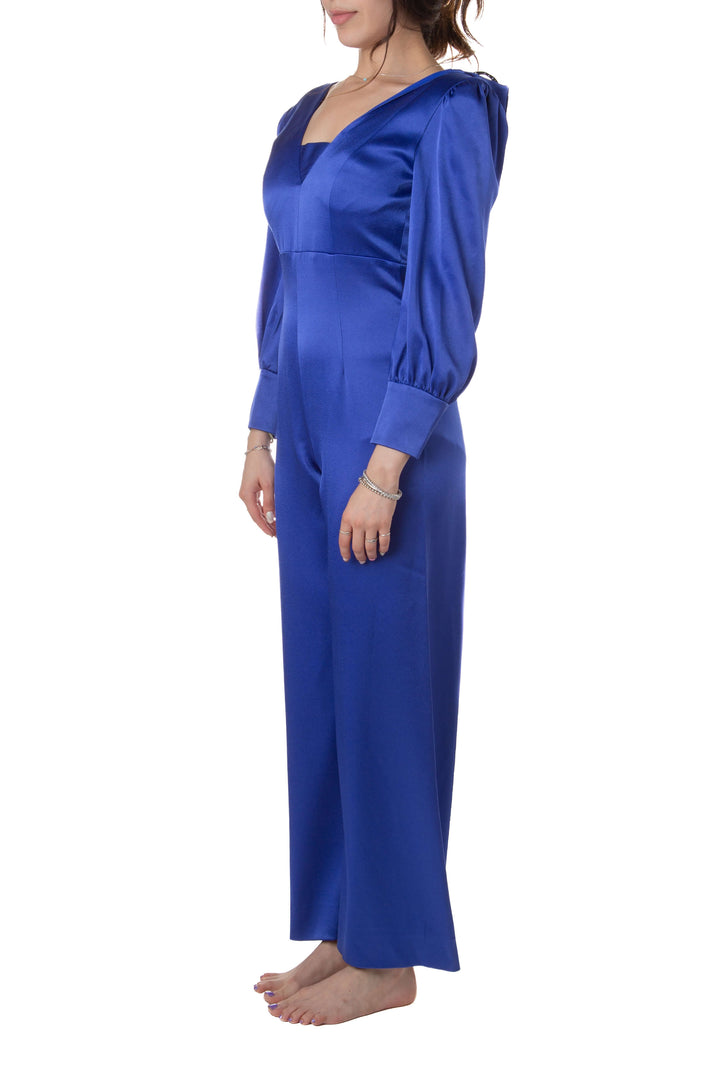 Jumpsuit Alice + Olivia azul satin pierna recta, vista lateral