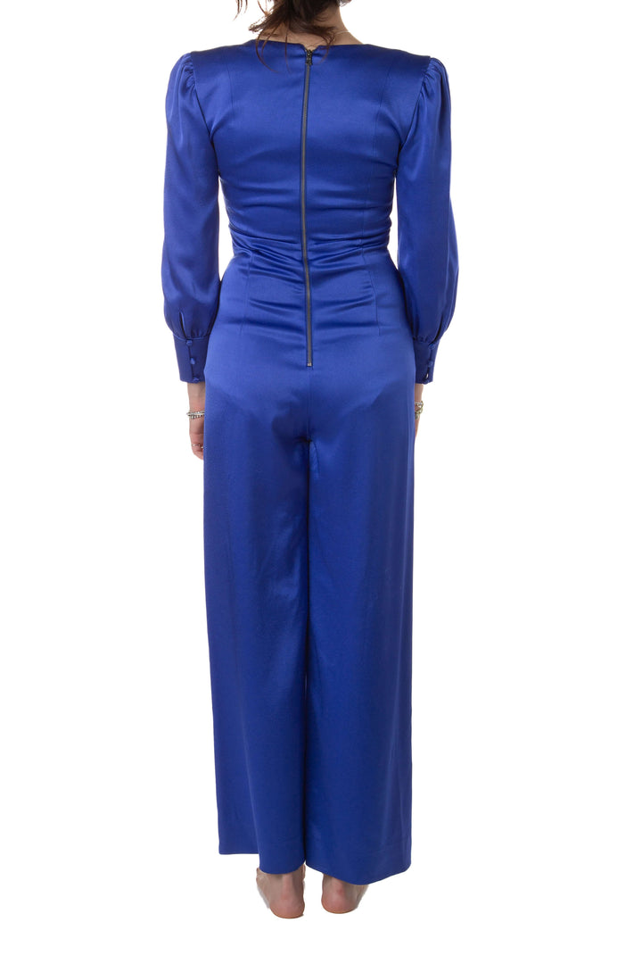 Jumpsuit Alice + Olivia azul con zipper dorado espalda, vista trasera