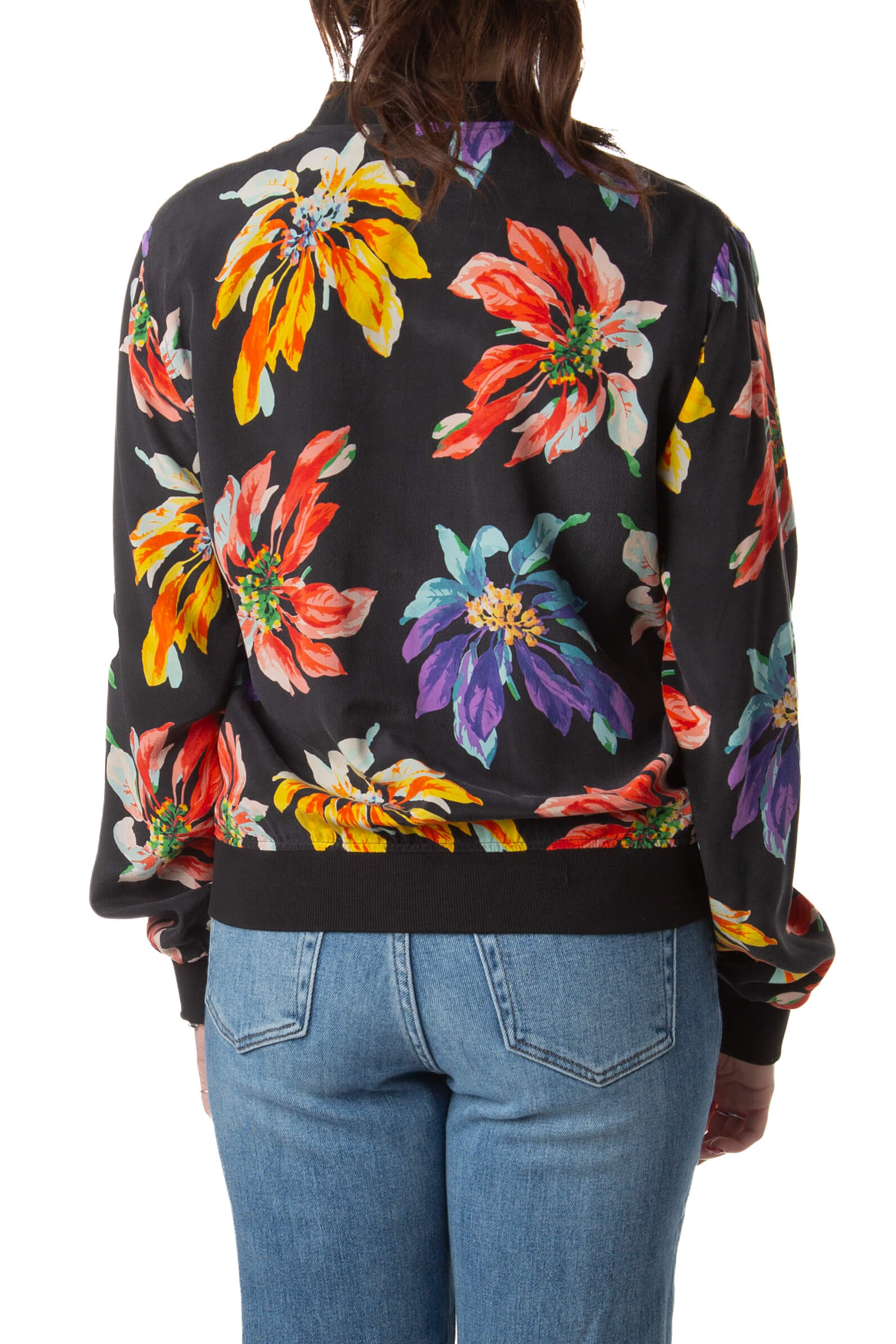 Chamarra bomber Equipment negra con estampado floral, vista trasera