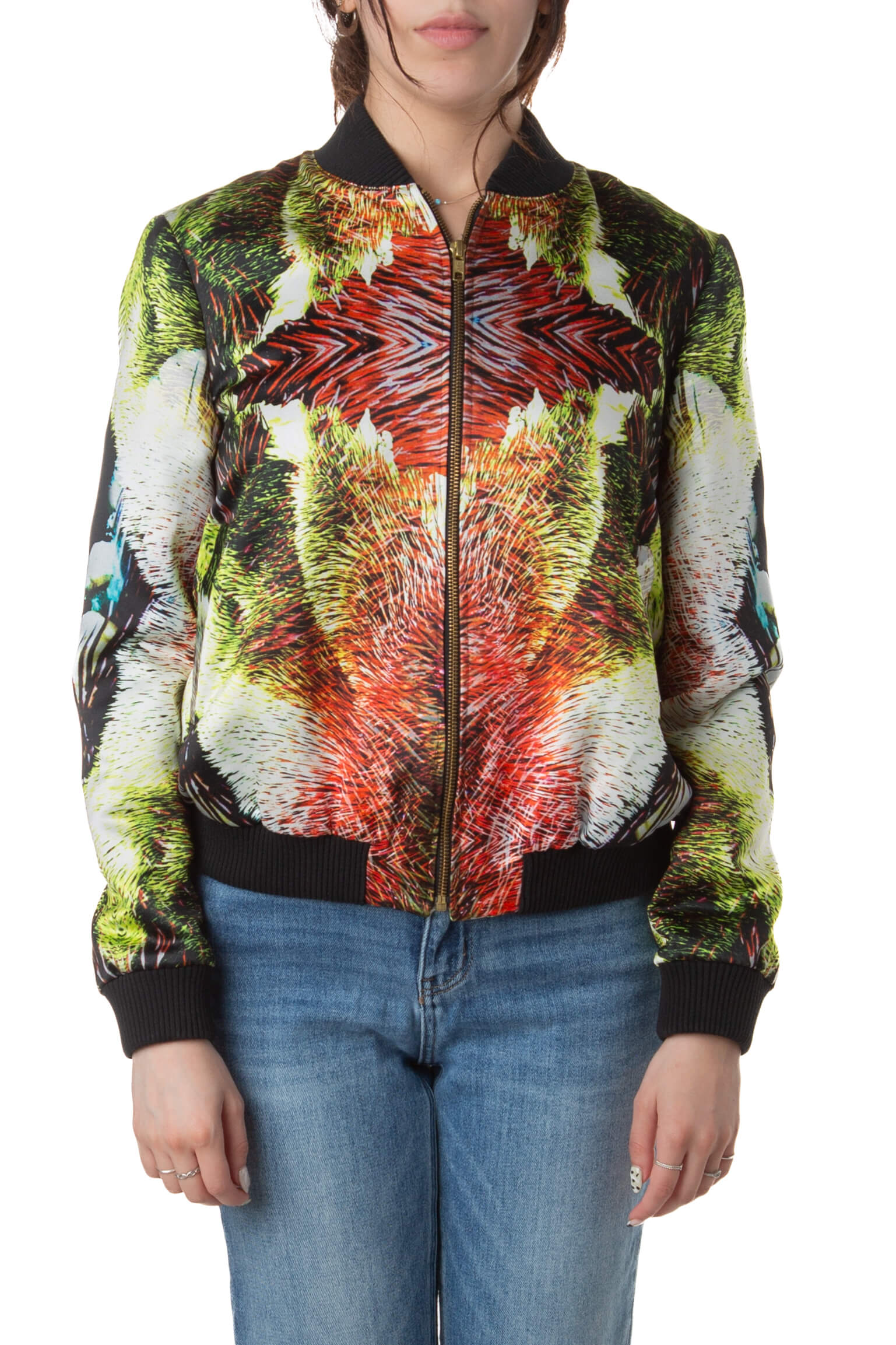 Chamarra bomber Jorge Ayala con estampado neón, vista frontal
