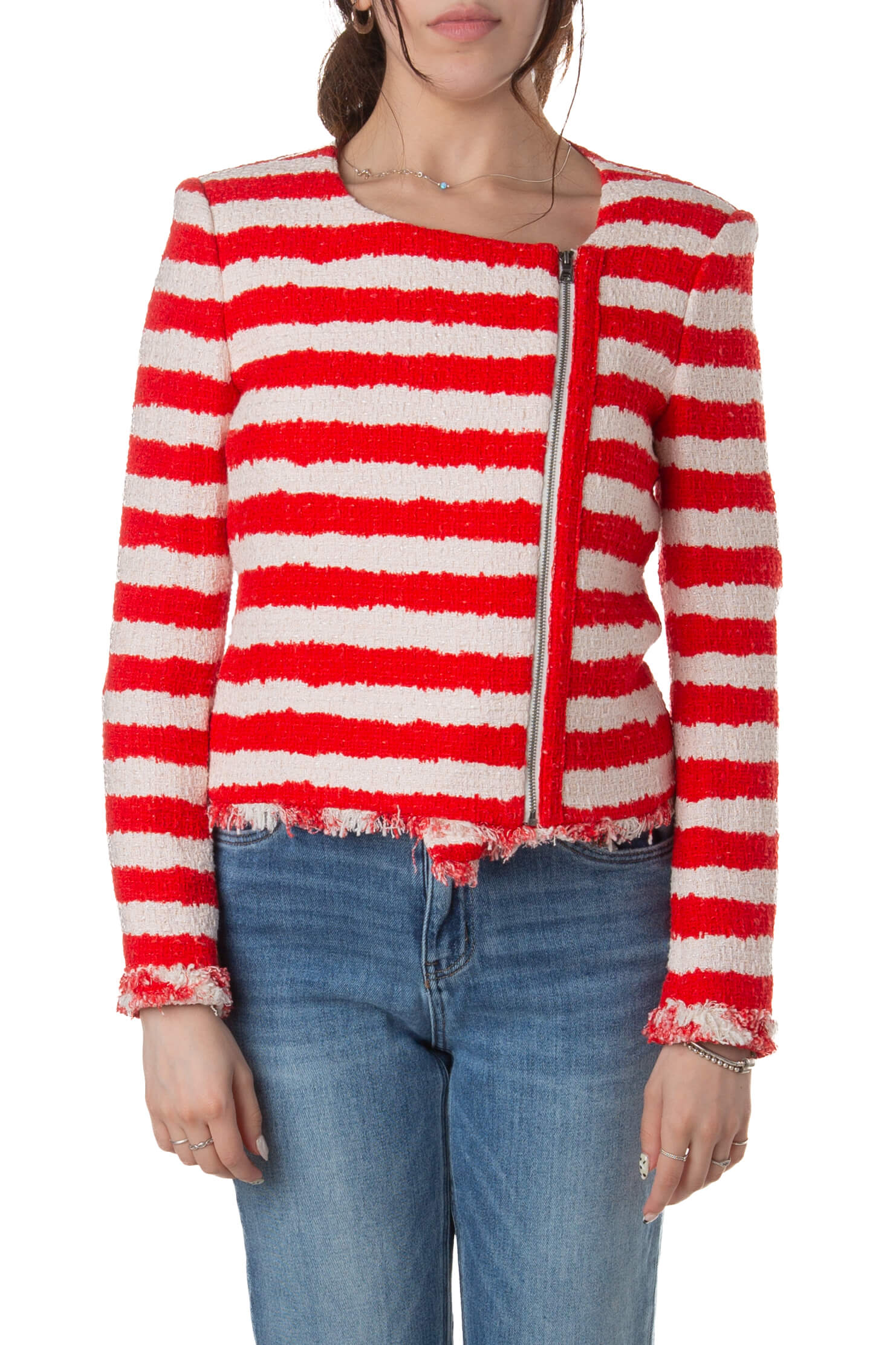 Saco Alice + Olivia de tweed a rayas rojo y blanco, vista frontal