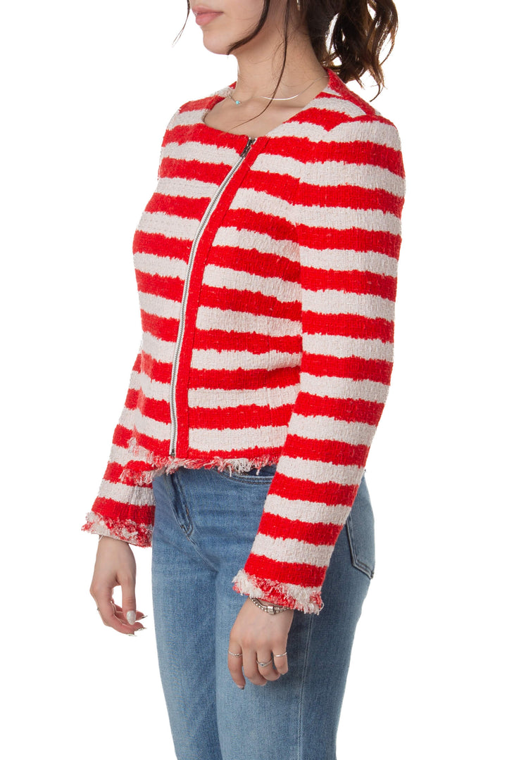 Saco Alice + Olivia de tweed a rayas rojo y blanco, vista lateral