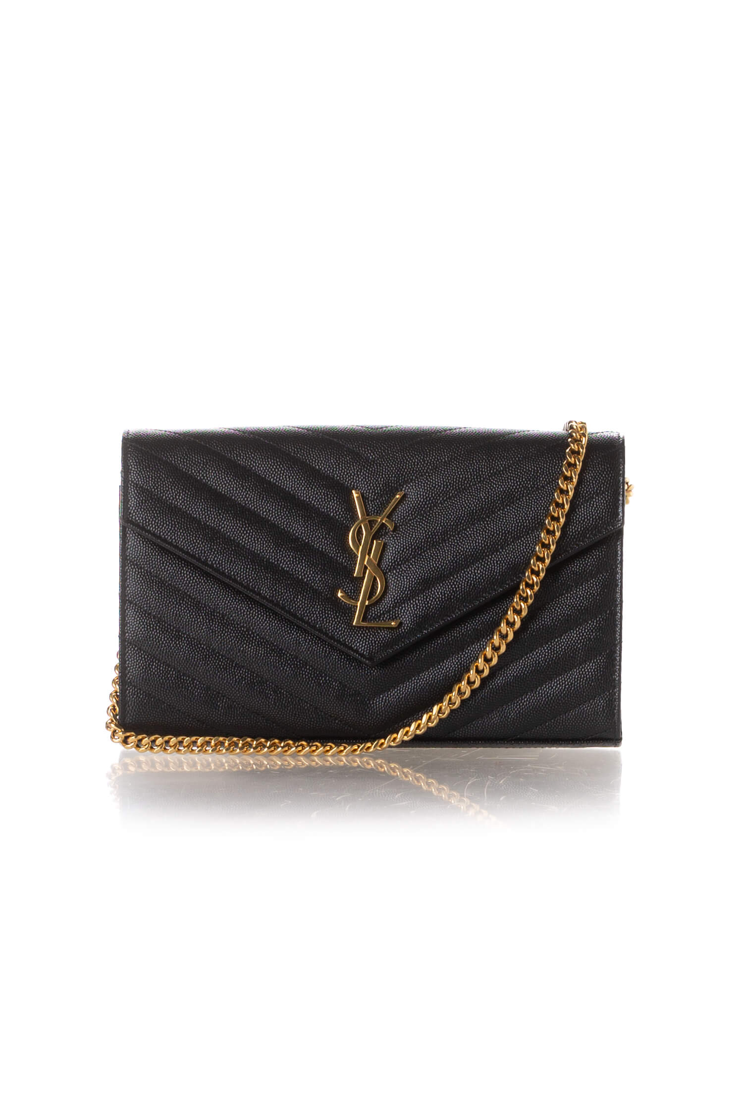 Cartera Saint Laurent Cassandre negra con monograma YSL y cadena dorada