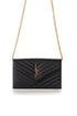 Saint Laurent Cassandre wallet on chain negra, vista de frente con la cadena