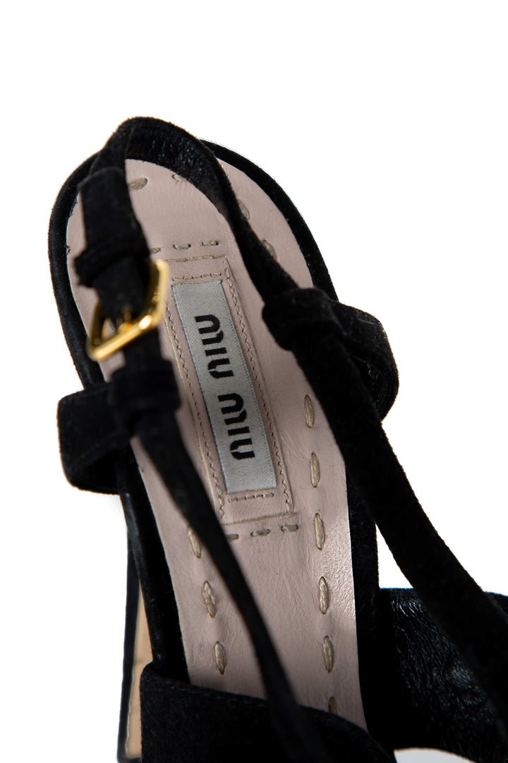 Miu Miu Sandalias de plataforma con tiras — plantilla con etiqueta Miu Miu y hebilla dorada