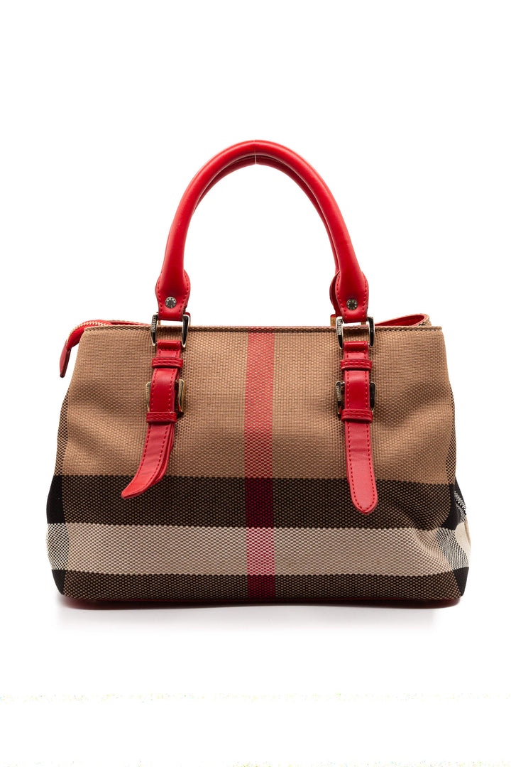 Tote Burberry de lona House Check con piel roja, vista frontal