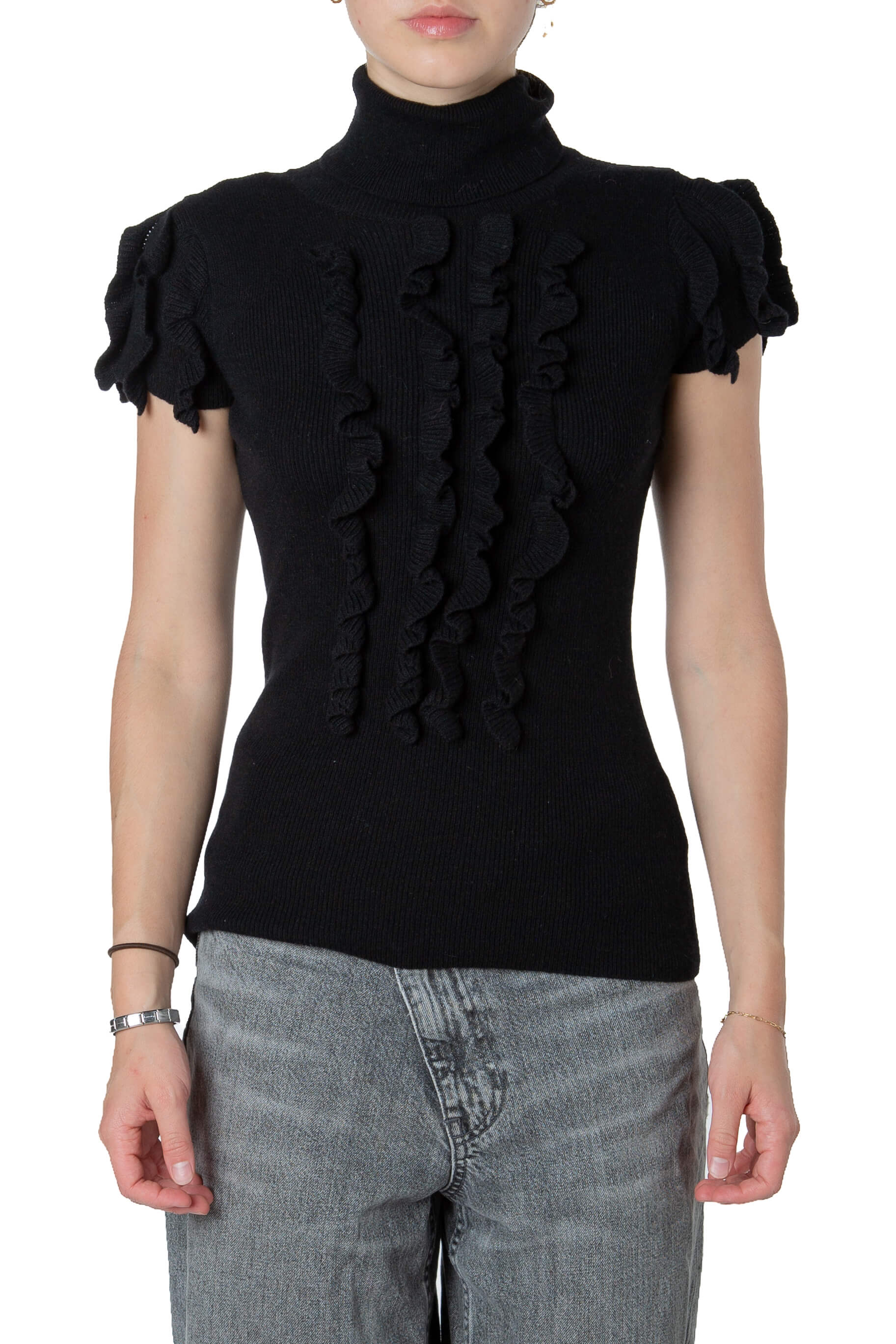 Suéter RED Valentino negro de cuello alto con olanes, talla S, vista frontal