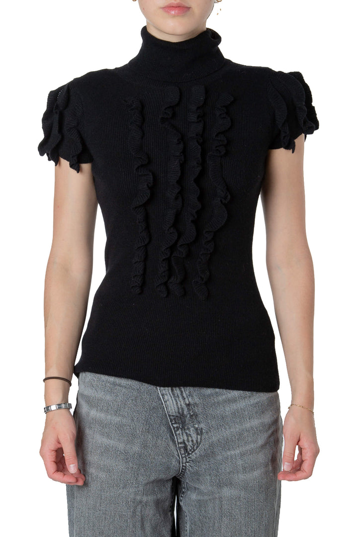 Suéter RED Valentino negro de cuello alto con olanes, talla S, vista frontal