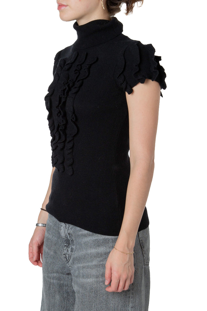 Suéter RED Valentino negro de cuello alto con olanes, talla S, vista lateral