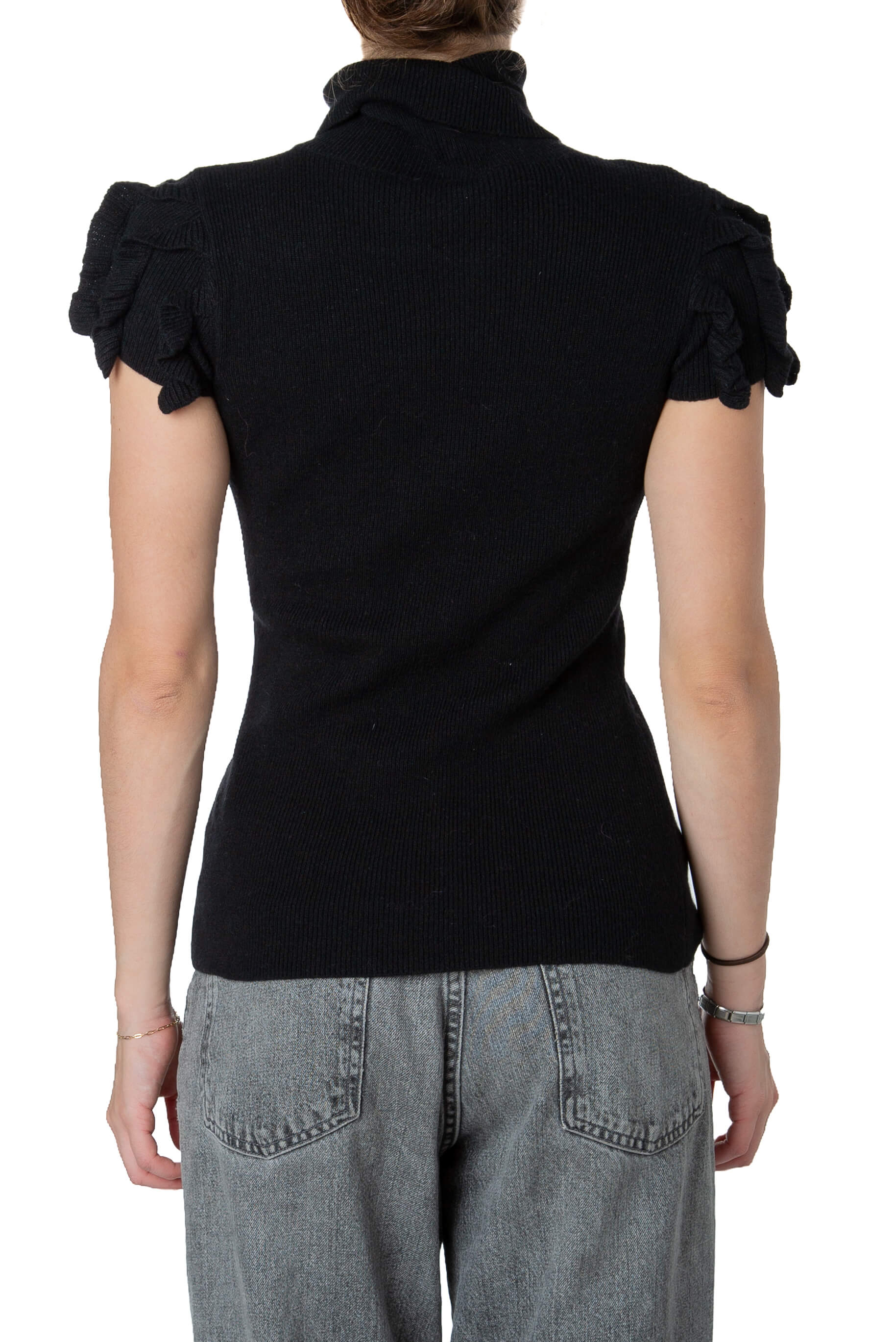 Suéter RED Valentino negro de cuello alto con olanes, talla S, vista trasera