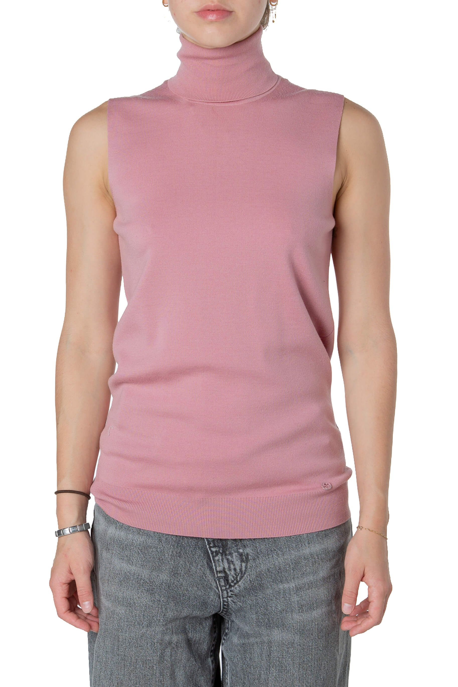 Suéter Gucci rosa sin mangas con cuello alto, vista frontal