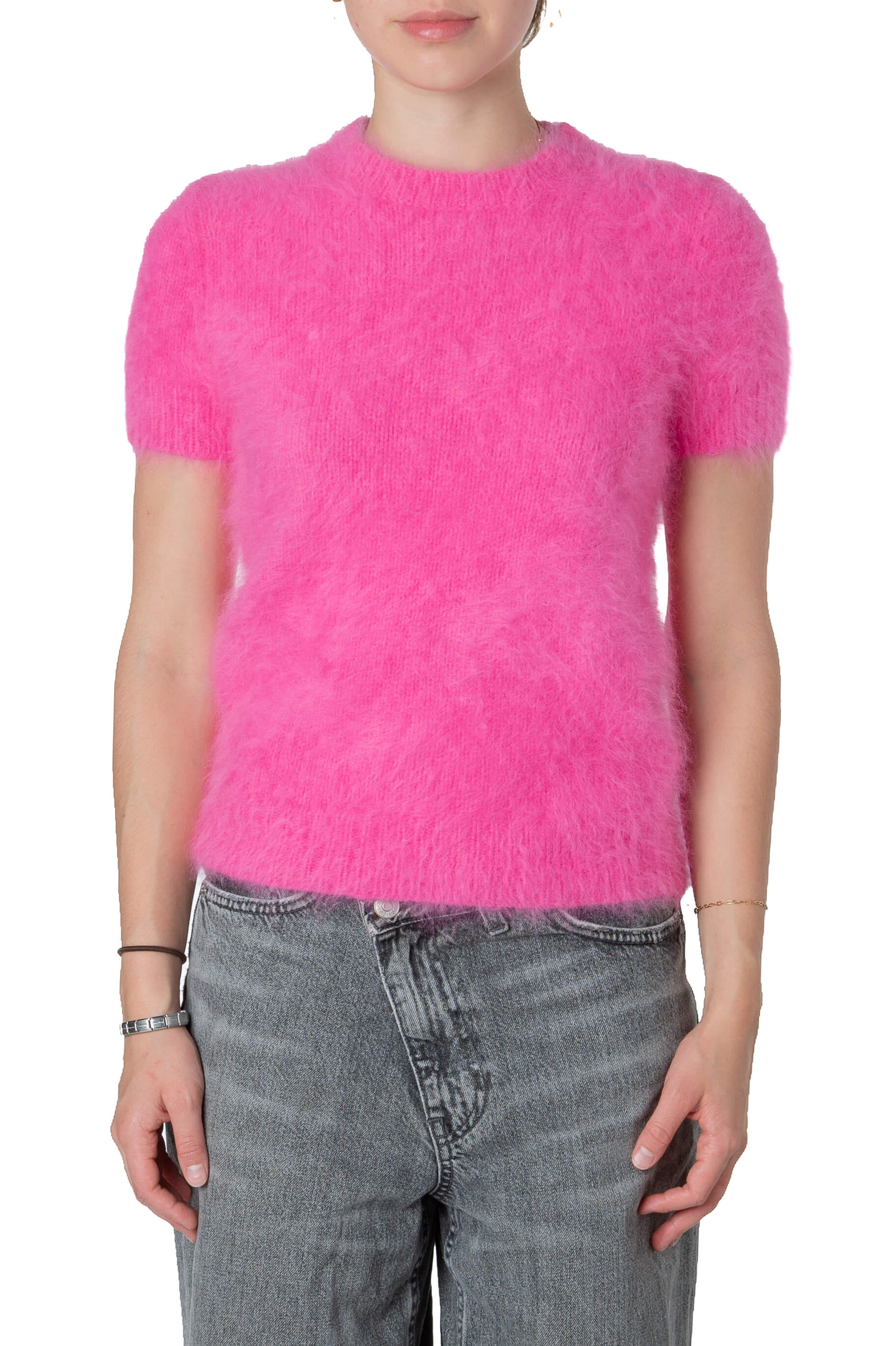 Suéter Michael Kors Collection fucsia afelpado de manga corta, vista frontal