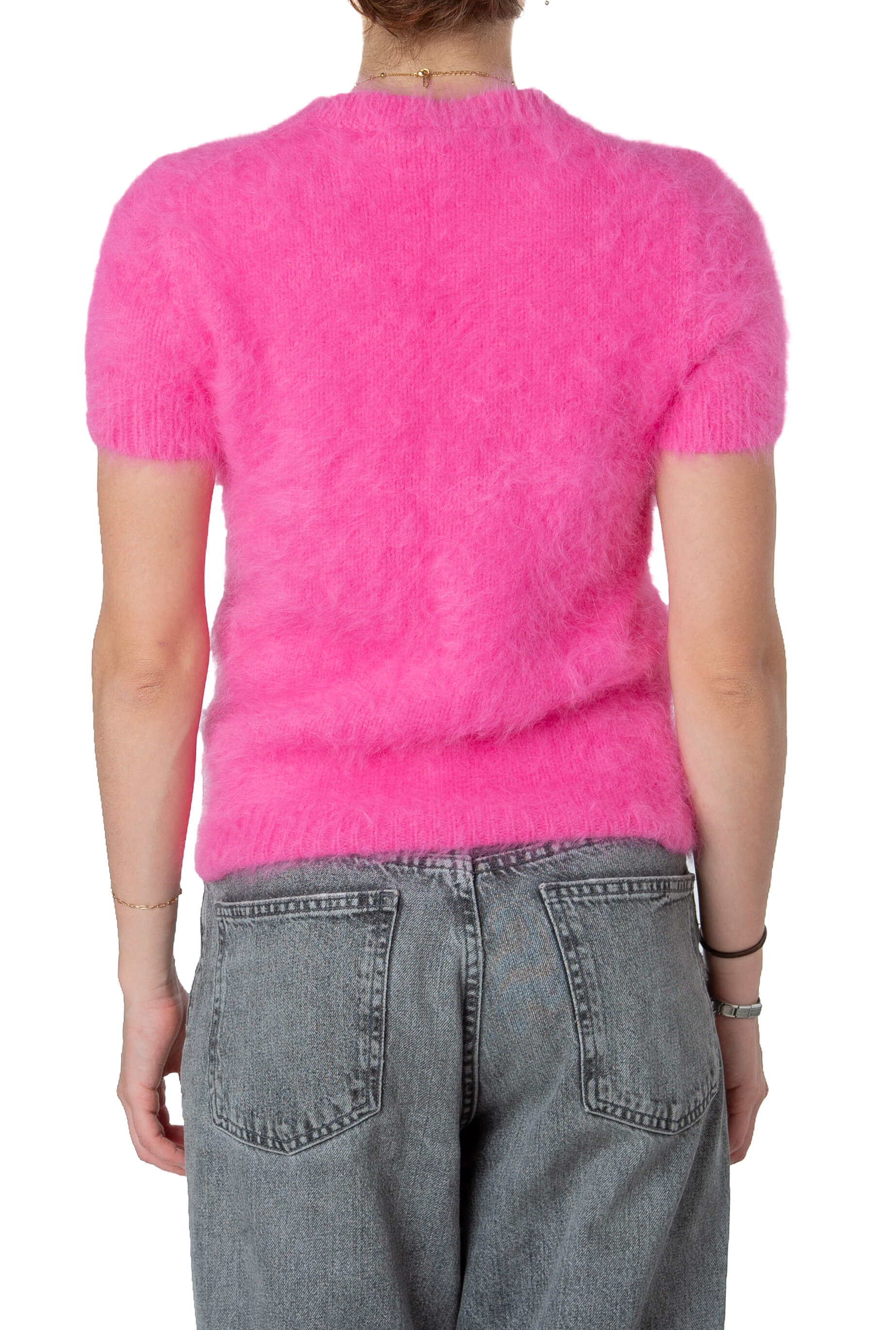 Suéter Michael Kors Collection fucsia afelpado de manga corta, vista trasera
