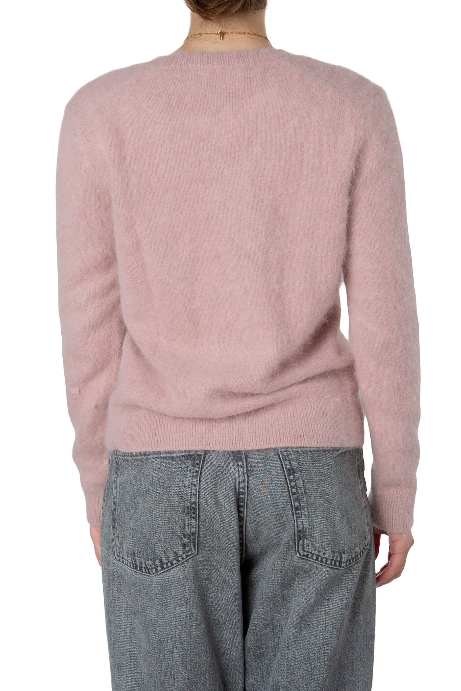 Suéter Gucci rosa palo de angora con cuello en V, vista trasera
