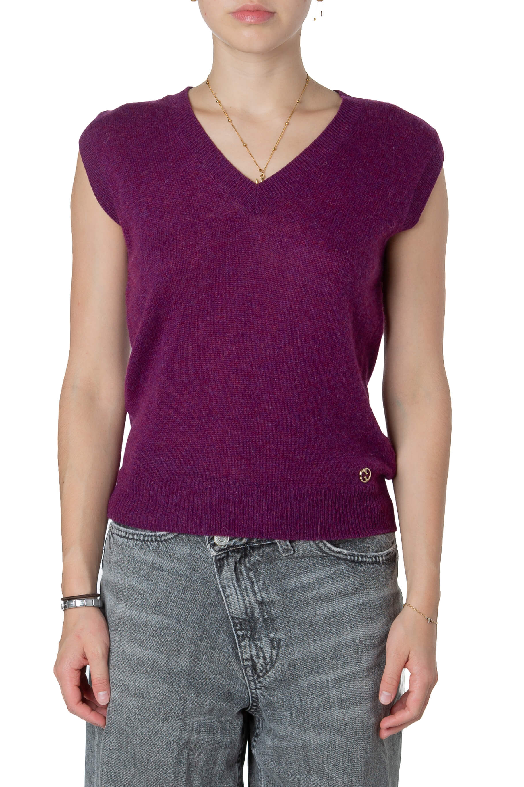 Chaleco Gucci morado de cashmere con cuello en V, vista frontal