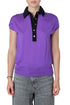 Suéter tipo polo Gucci morado con cuello negro, vista frontal
