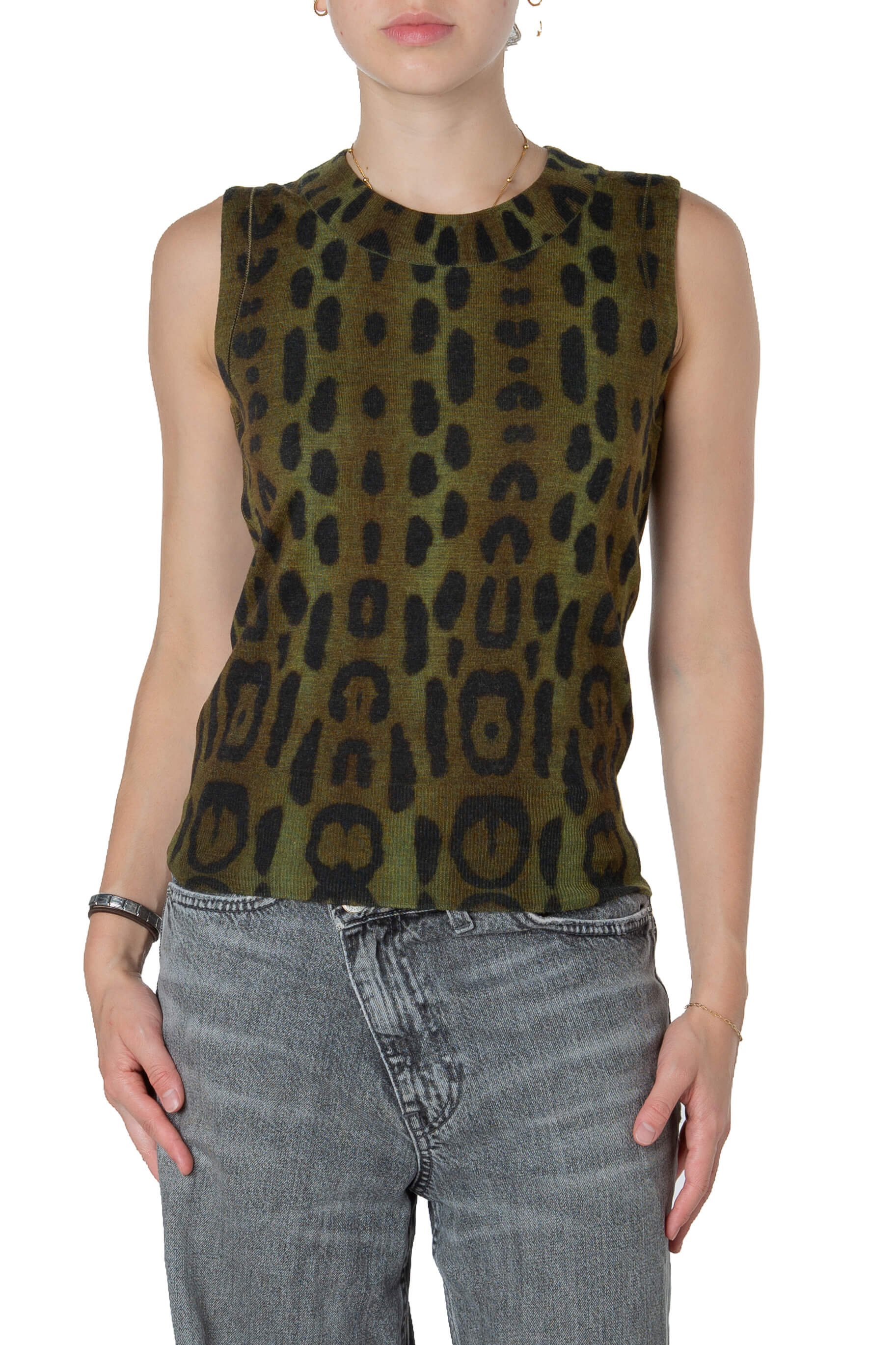 Suéter Oscar de la Renta sin mangas animal print verde y negro, vista frontal