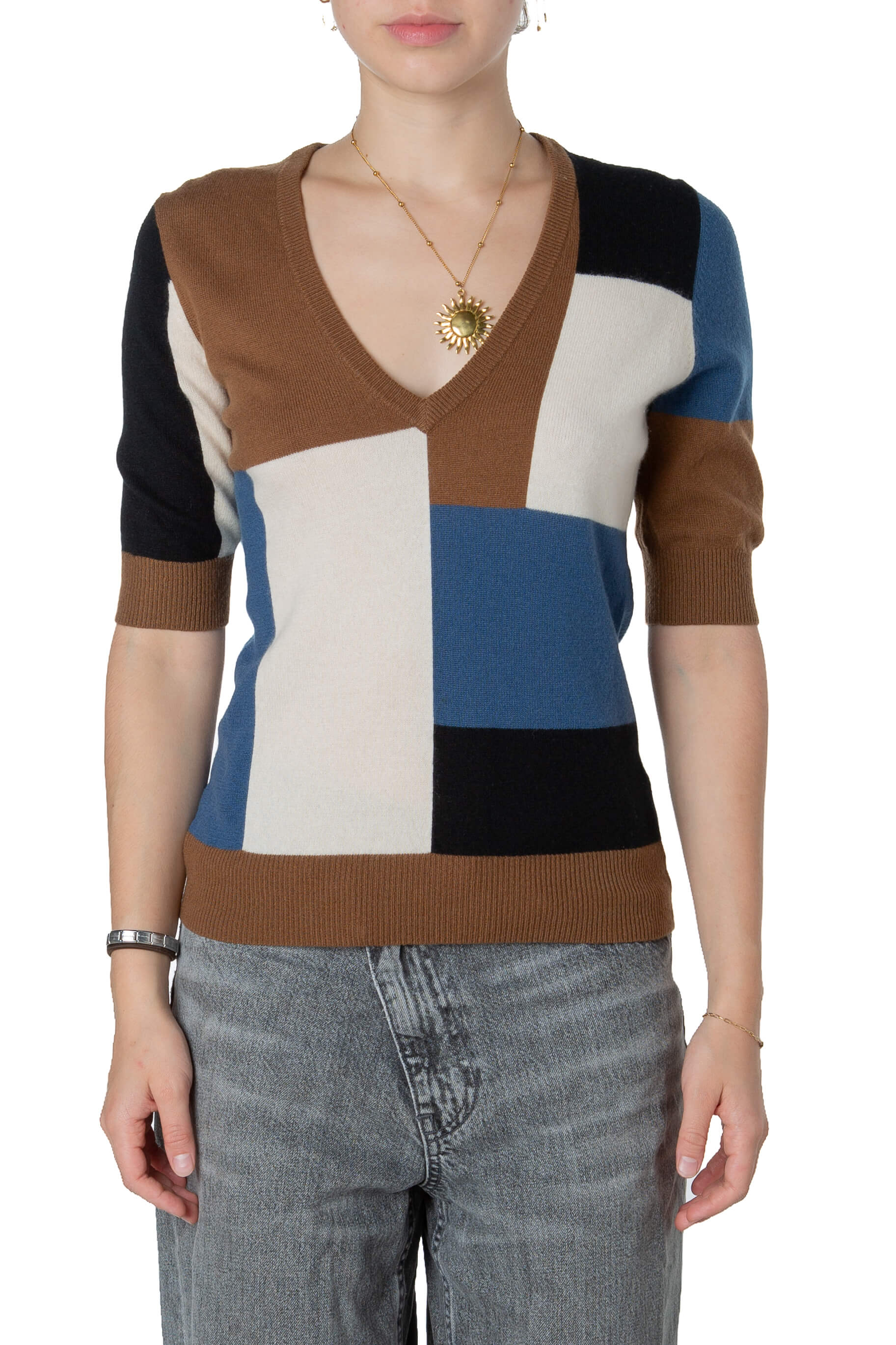 Suéter Michael Kors Collection de cashmere color-block cuello en V, vista frontal