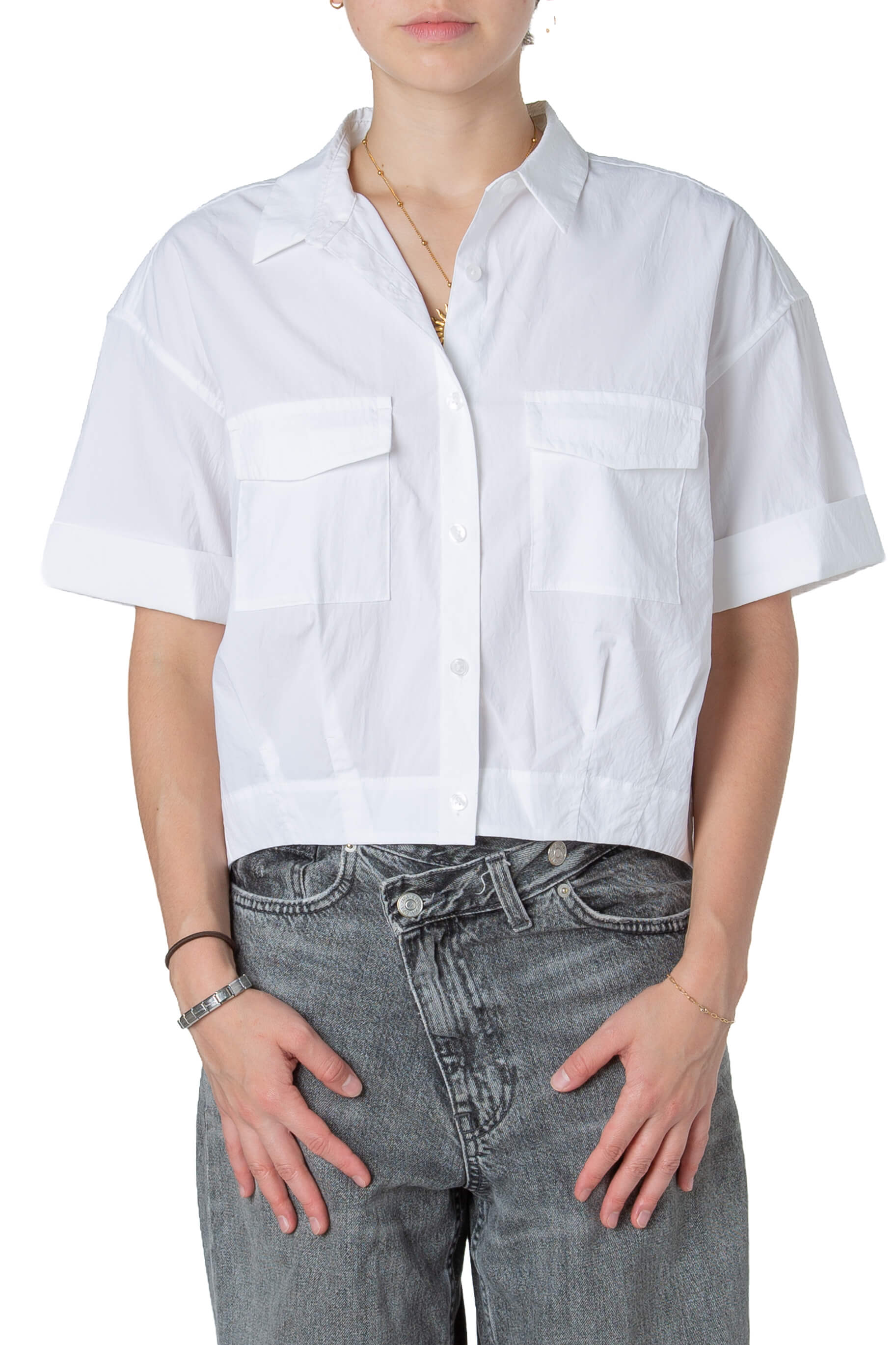 Camisa Athleta blanca talla S, vista frontal con bolsillos | ClosetRehab