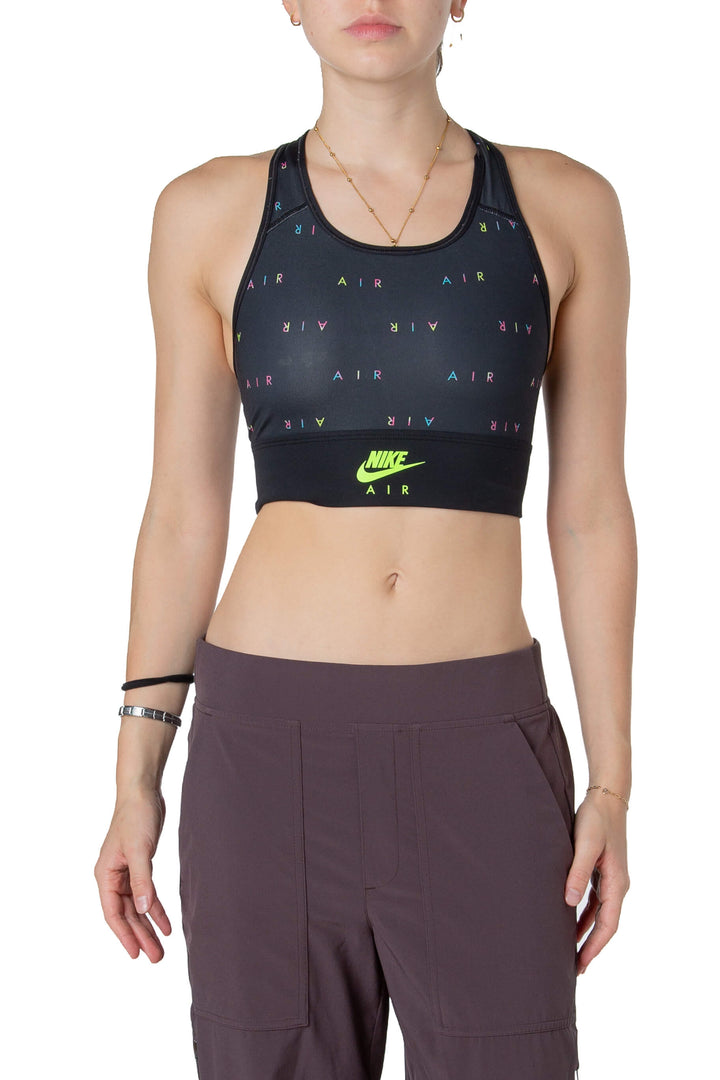Top deportivo Nike Air negro con logo neón, vista frontal