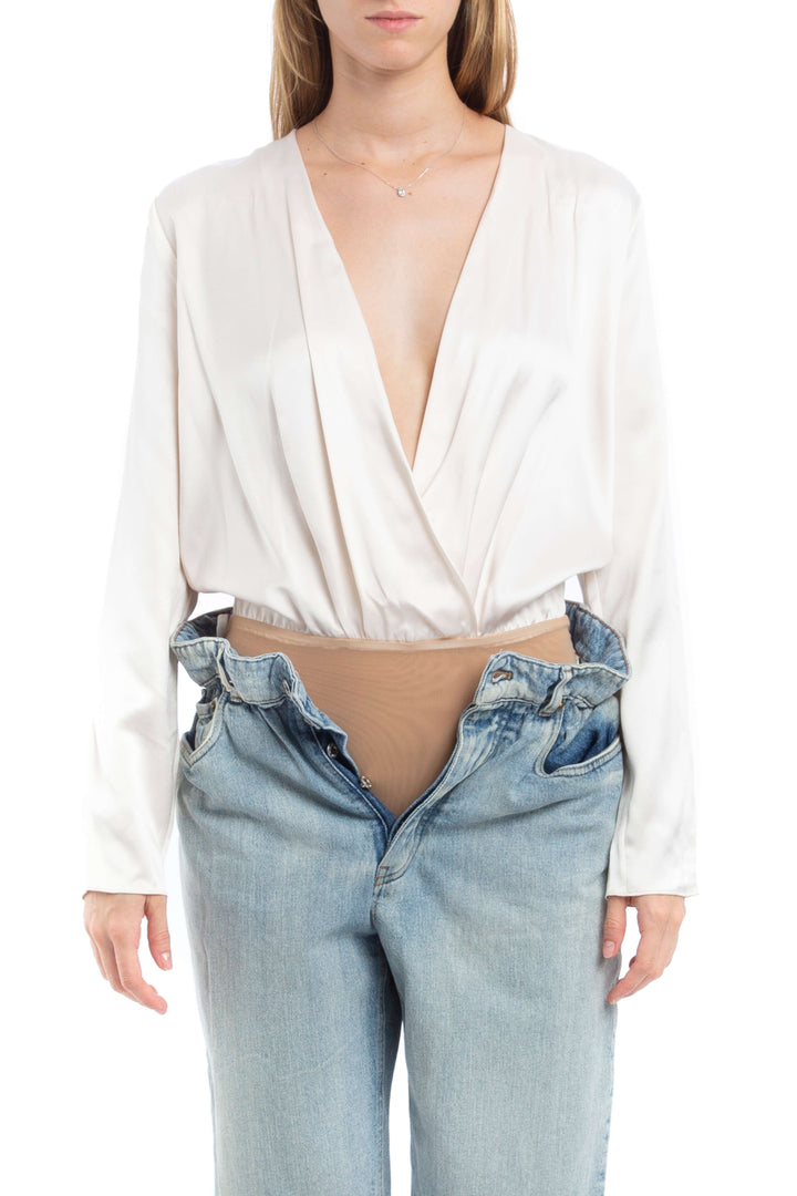 Body Cushnie de seda marfil con escote cruzado, vista frontal