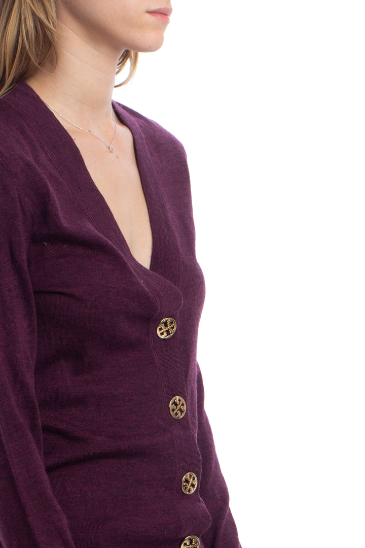 Cárdigan Tory Burch morado, detalle del costado y botones | ClosetRehab