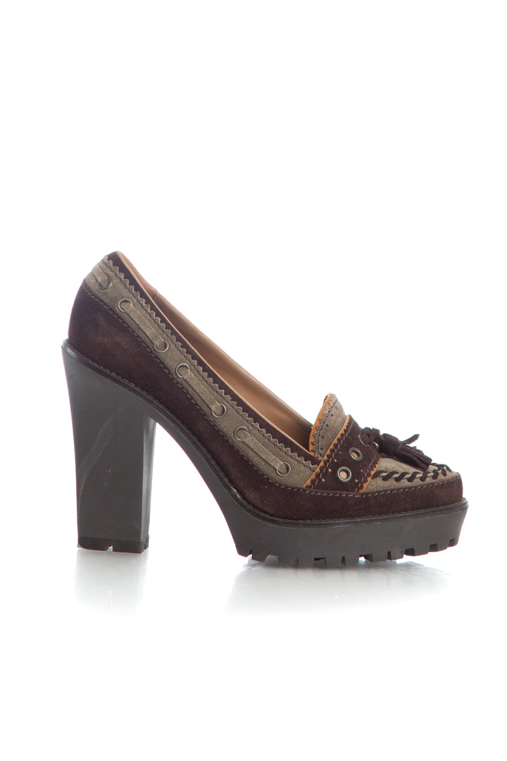 Pumps Yves Saint Laurent café y verde talla 9 USA de suede, muy buen estado, vista frontal | ClosetRehab