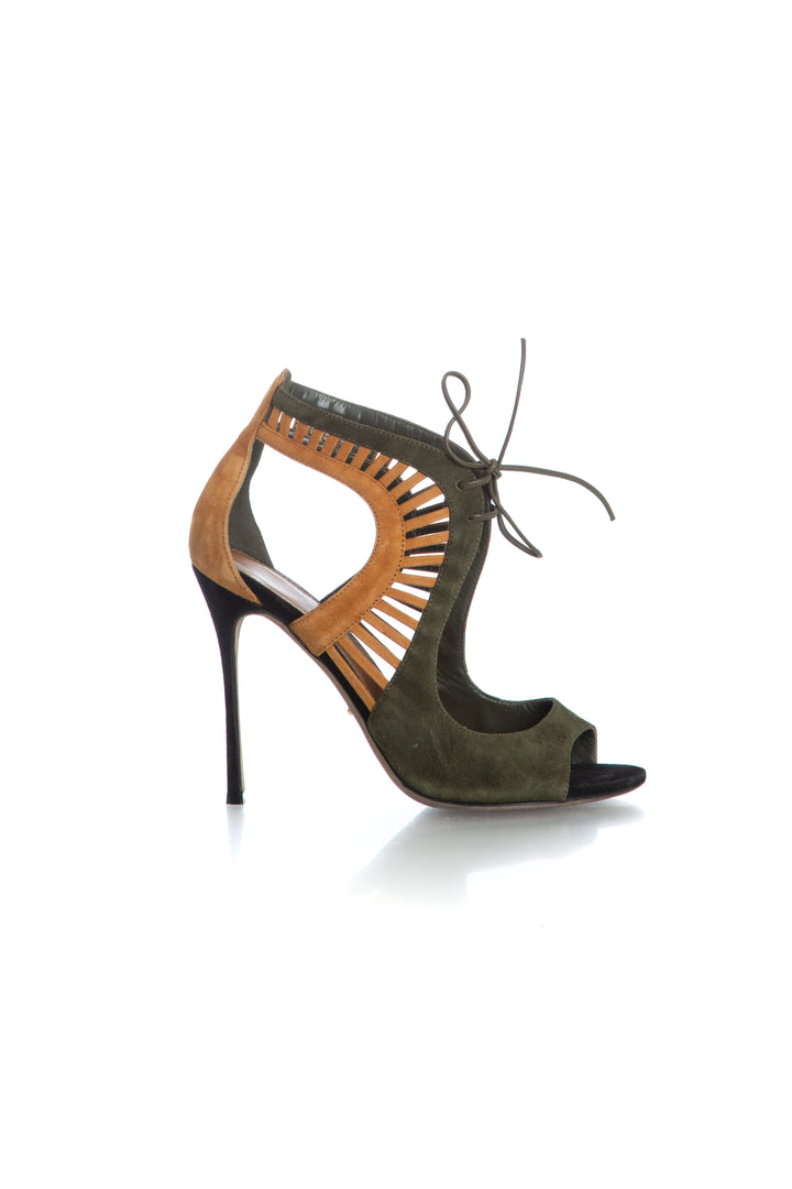 Sandalias Sergio Rossi verde olivo talla 8 USA de piel suede, vista frontal | ClosetRehab