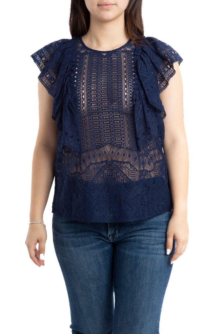 Blusa BCBGMAXAZRIA de encaje azul marino con olanes, vista frontal