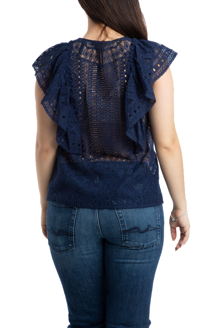 Blusa BCBGMAXAZRIA de encaje azul marino con olanes, vista posterior