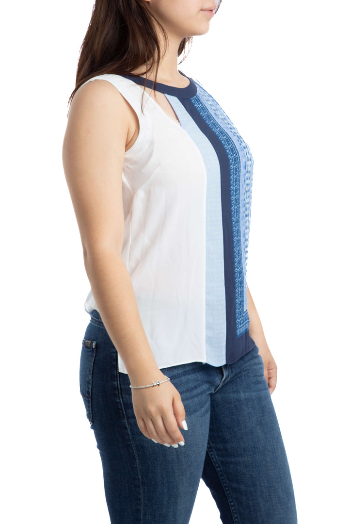 Blusa BCBGMAXAZRIA sin mangas paneles azul y blanco, vista lateral