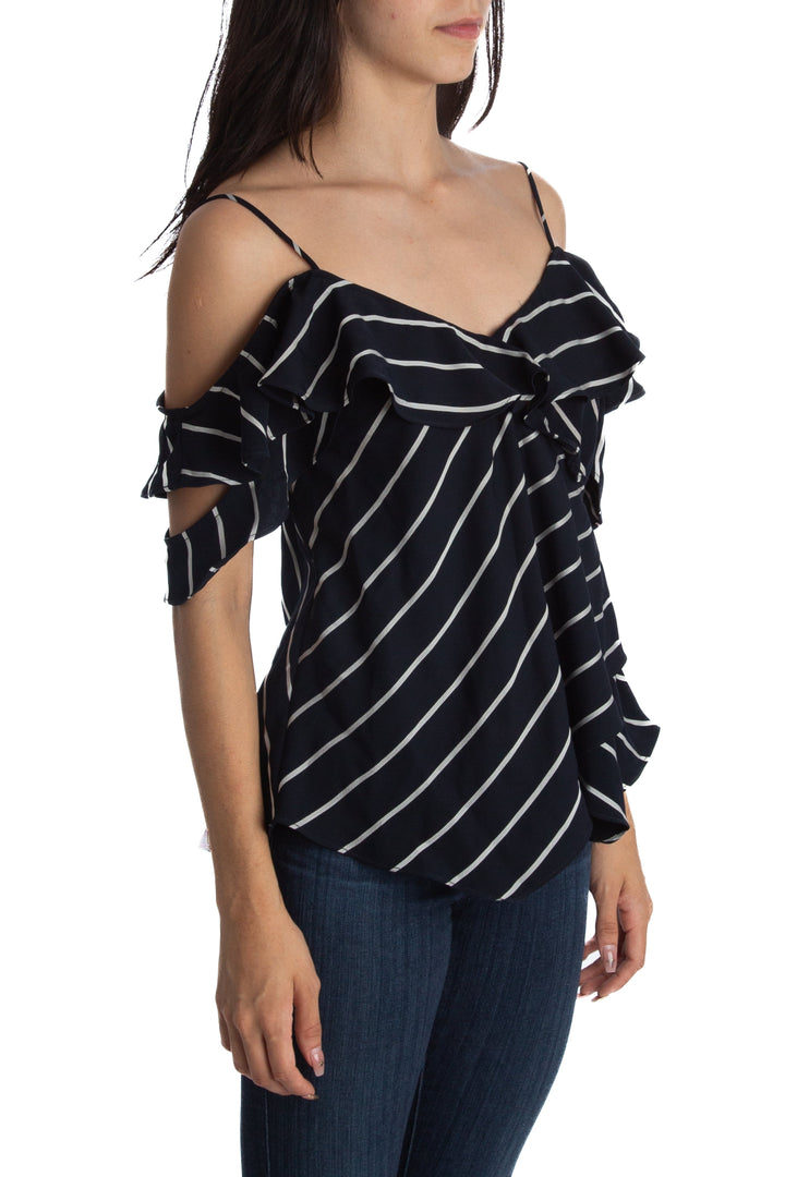 Blusa Kendall + Kylie azul marino a rayas de tirantes, vista lateral
