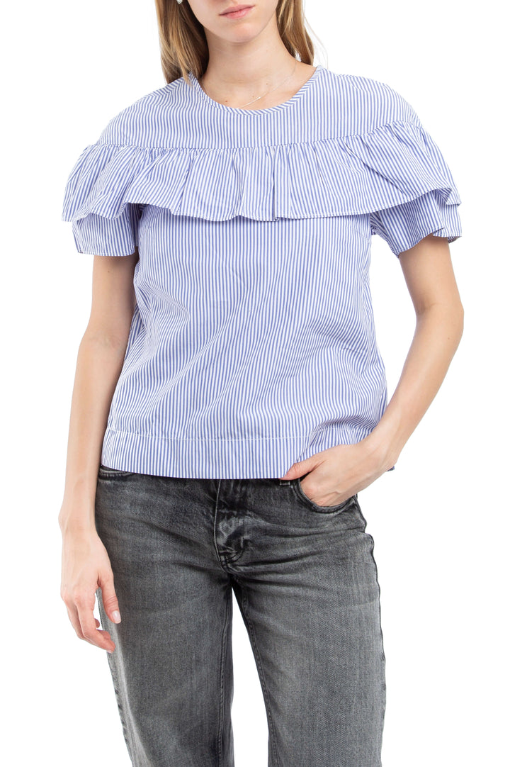 Blusa J.Crew a rayas azul y blanco con olán, vista frontal