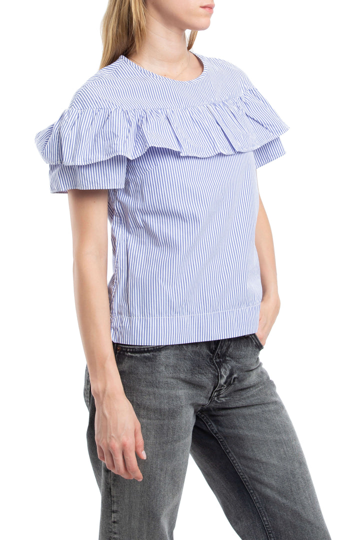 Blusa J.Crew a rayas azul y blanco con olán, vista lateral