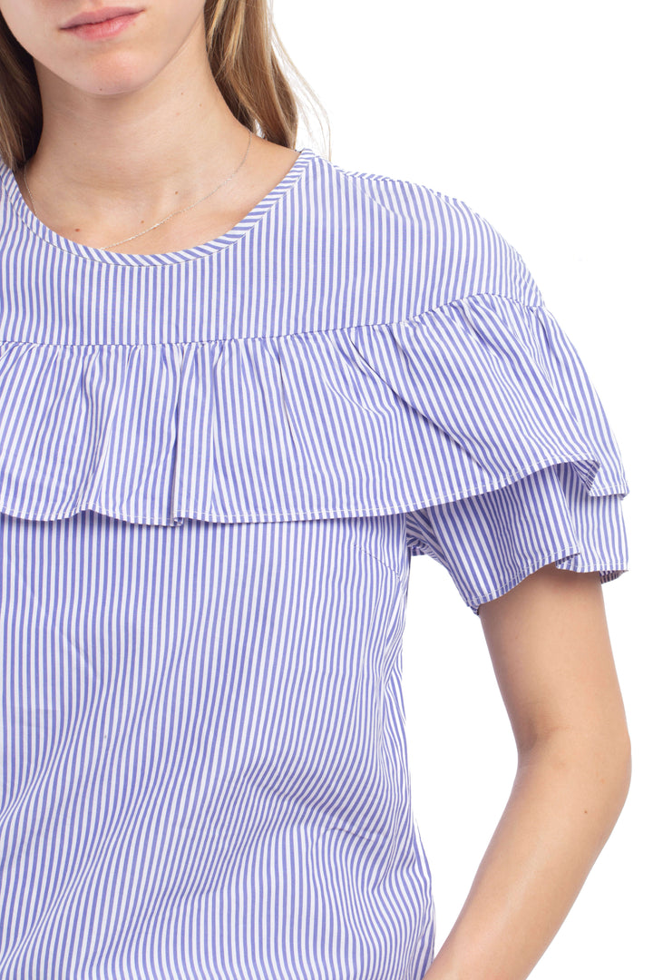 Blusa J.Crew a rayas azul y blanco con olán, detalle del escote